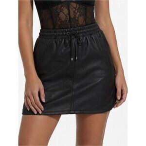 NWT Topshop Black Faux Leather A-Line Mini Skirt Size 6 Vegan Smocked Waistband